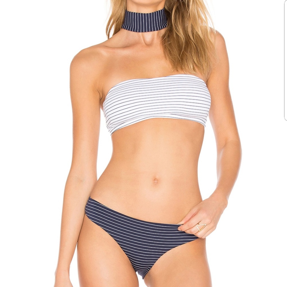 Onia blue and white striped bikini with zip collar